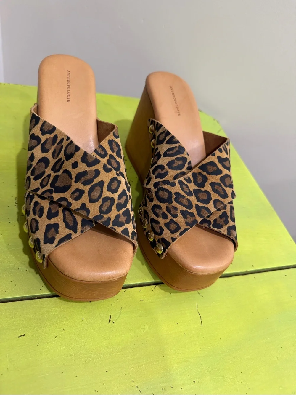 Anthropologie Leopard-Print Crisscross Platform Slides in Tan and Black